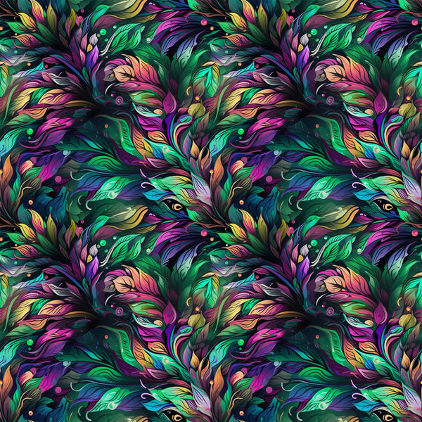 vibrant feathers, peacock plumage, emerald green, magenta pink, turquoise blue, golden yellow, purple accents, ornate pattern, flowing design, swirling motifs, tropical birds, iridescent colors, decorative plumes, repeating pattern,, fabric panel, mardi gras theme, fantasy art style, luxurious textures