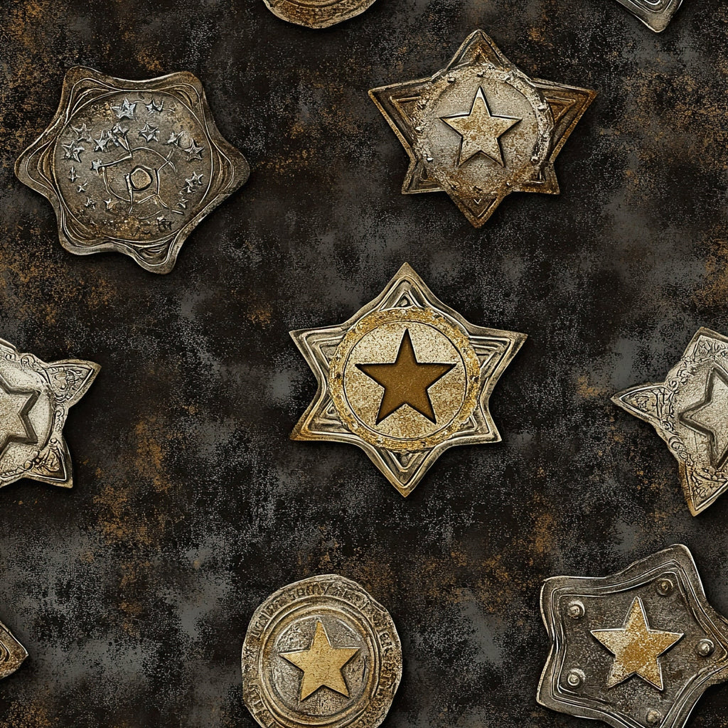 sheriff badges, western stars, metallic gold, bronze tones, weathered metal, law enforcement, six-pointed stars, vintage badges, distressed texture,, fabric panel, rustic brown, antique brass, cowboy theme, old west, badge collection, star motifs, western nostalgia, aged patina