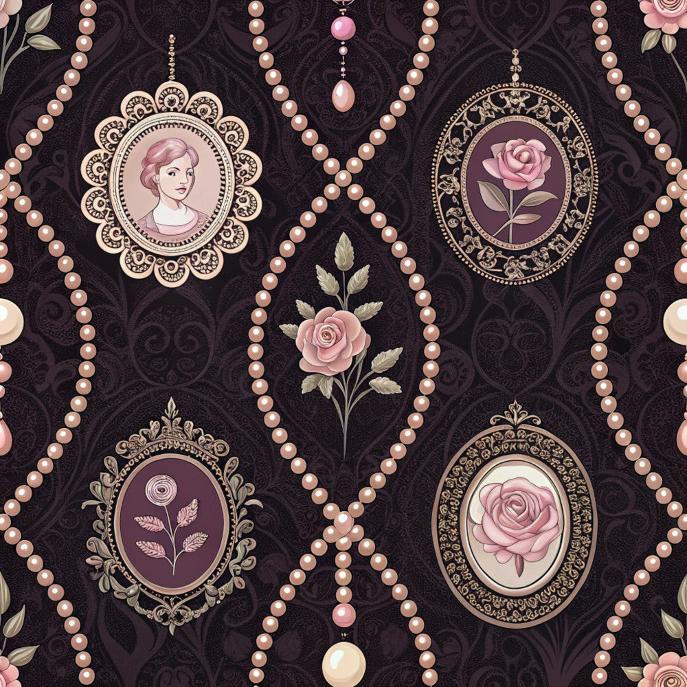 dusty rose, mauve, deep purple, plum, rose pink, cream, pearl, ornate cameo, vintage portrait, floral, roses, pearl beads, beaded, damask, elegant, victorian, romantic, classic, botanical, timeless, sophisticated, ornamental frames, medallion, vintage aesthetic, retro, nostalgic, feminine, decorative arts, heritage, traditional