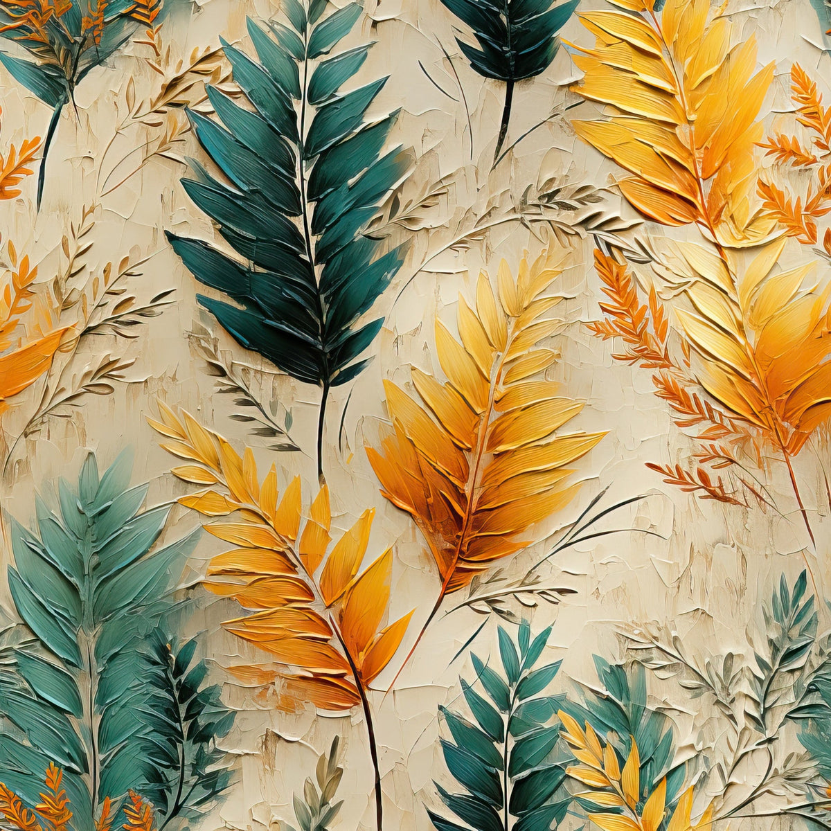 Gilded Ferns Pattern 5 teal, green, golden and orange fern leaves on a creamy fleece fabric ground