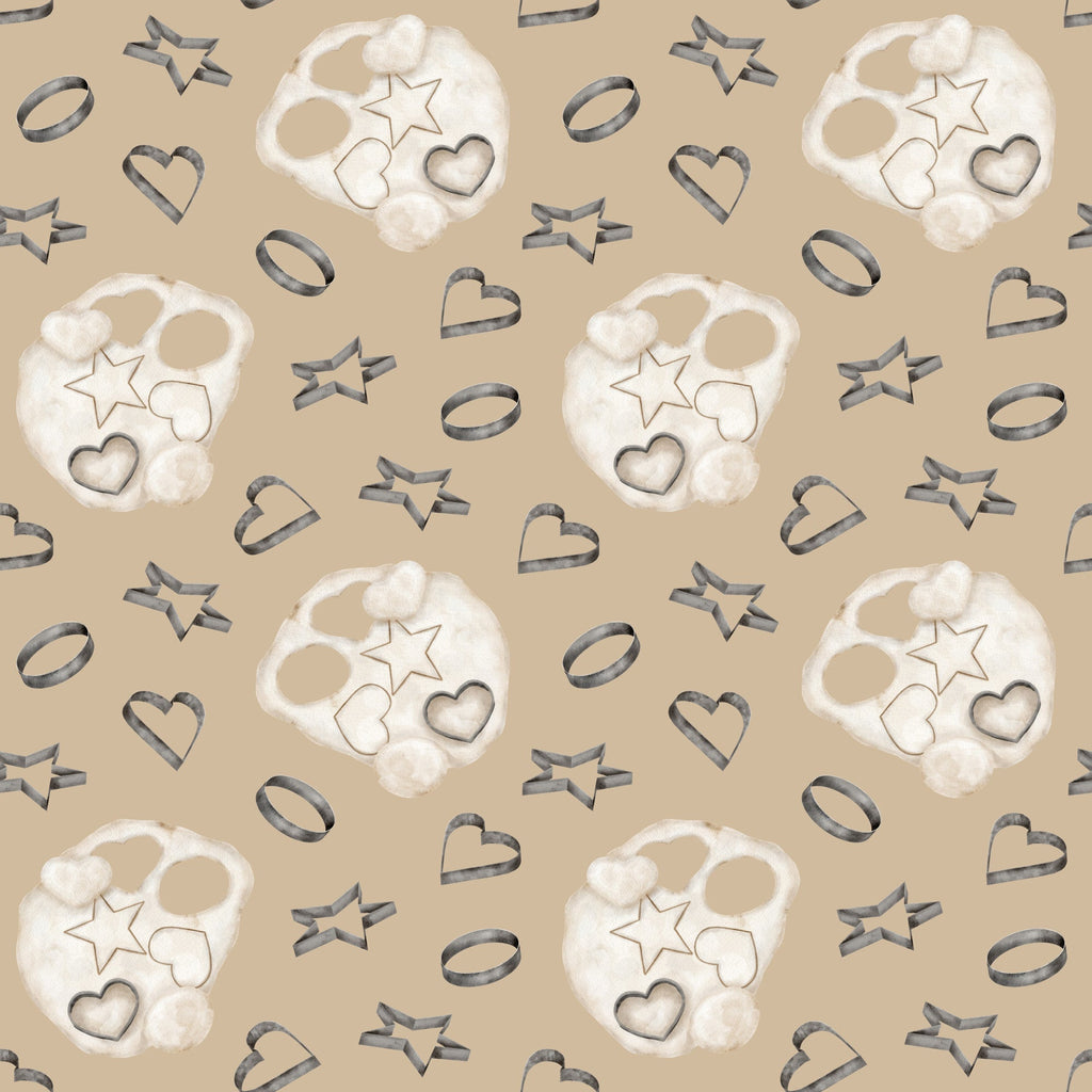 beige, tan, cream, white, watercolor, baking pattern, cookie cutters, star shapes, heart shapes, circle shapes, flour dusting, kitchen theme, cooking motifs, repeating pattern,, fabric panel, soft pastels, culinary design, baking tools, geometric shapes