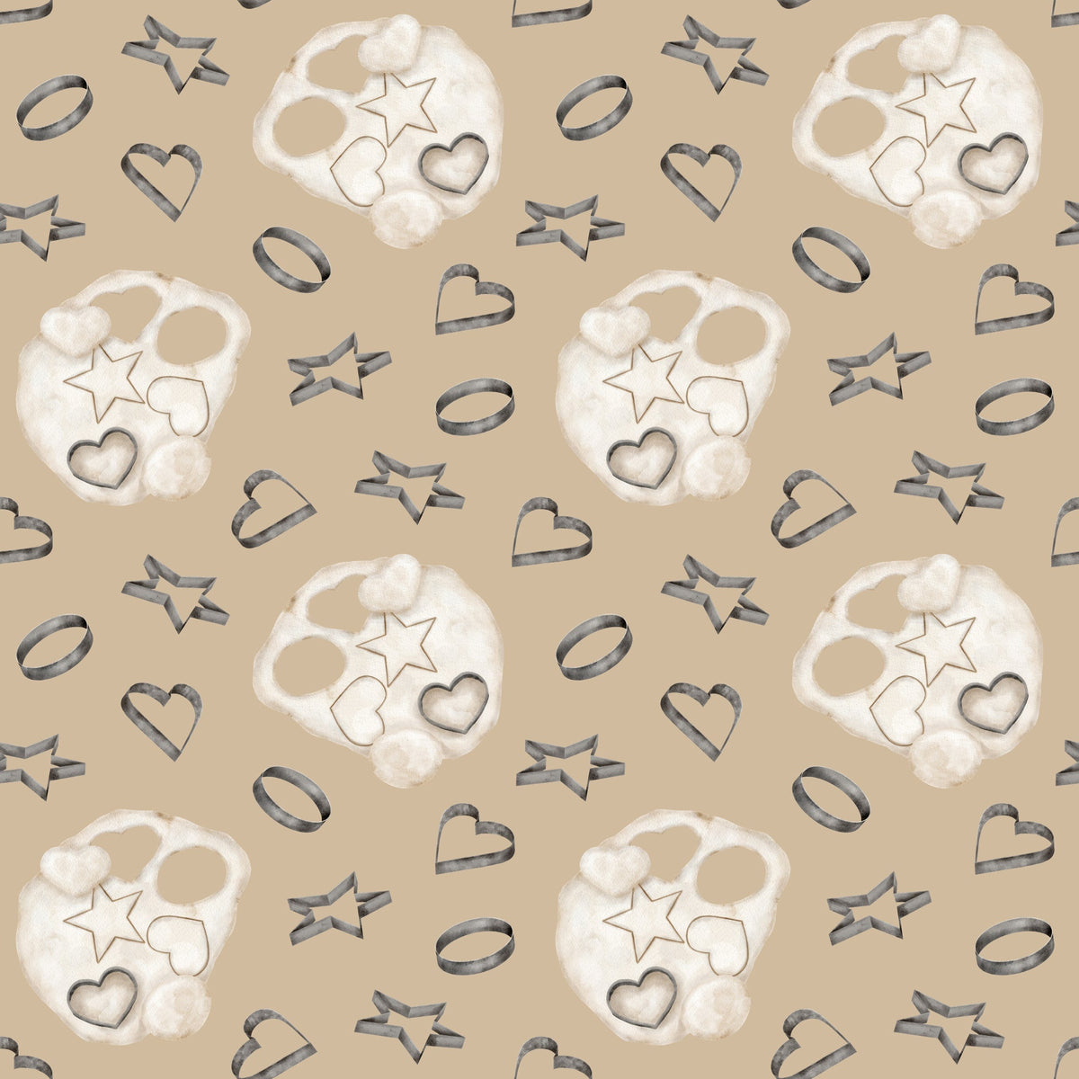 beige, tan, cream, white, watercolor, baking pattern, cookie cutters, star shapes, heart shapes, circle shapes, flour dusting, kitchen theme, cooking motifs, repeating pattern,, fabric panel, soft pastels, culinary design, baking tools, geometric shapes
