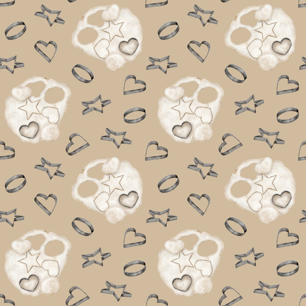 beige, tan, cream, white, watercolor, baking pattern, cookie cutters, star shapes, heart shapes, circle shapes, flour dusting, kitchen theme, cooking motifs, repeating pattern,, fabric panel, soft pastels, culinary design, baking tools, geometric shapes
