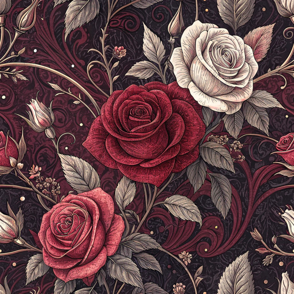 burgundy rose, deep red, cream, ivory, dark plum, wine red, dusty rose, coral pink, floral, rose pattern, ornamental, vintage, elegant, romantic, damask, botanical, nature, traditional, ornate, decorative scrolls, roses, leaves, garden flowers, classic, timeless, wedding, anniversary, sophisticated, luxurious