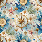 nautical theme, compass roses, starfish, coral, seashells, marine life, ocean creatures, watercolor style, blue tones, golden accents, cream background, sea plants, navigation instruments, coastal design, underwater scene,, fabric panel, whimsical pattern, maritime motifs, decorative spheres