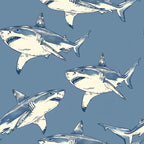 sharks, marine life, ocean animals, blue gray background, cream white, navy blue, vintage illustration style, sketched sharks, repeating pattern,, fabric panel, sea creatures, nautical theme, swimming sharks, hand drawn style, aquatic design, circling motion, oceanic, marine pattern