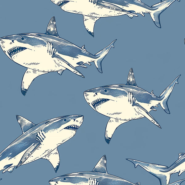 sharks, marine life, ocean animals, blue gray background, cream white, navy blue, vintage illustration style, sketched sharks, repeating pattern,, fabric panel, sea creatures, nautical theme, swimming sharks, hand drawn style, aquatic design, circling motion, oceanic, marine pattern