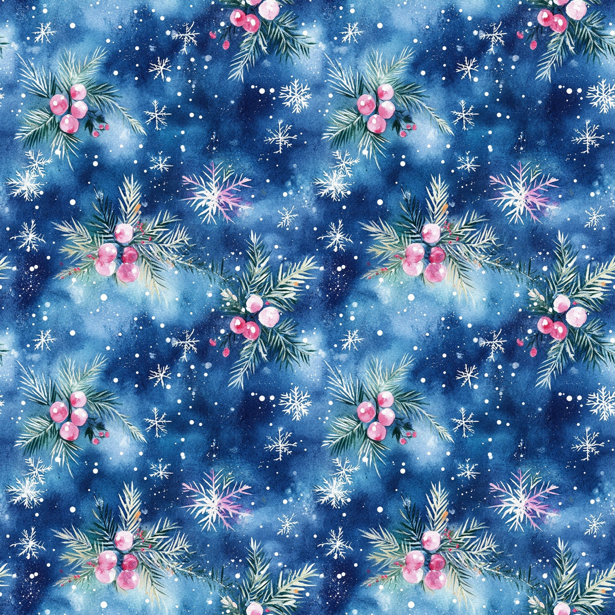 watercolor, blue, navy, pink, christmas, winter, snowflakes, evergreen branches, berries, holly, pine needles, festive, seasonal,, fabric panel, repeating pattern, botanical, holiday decor, snowy, whimsical, soft textures