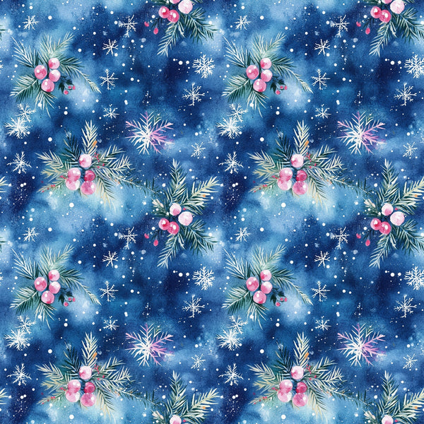 watercolor, blue, navy, pink, christmas, winter, snowflakes, evergreen branches, berries, holly, pine needles, festive, seasonal,, fabric panel, repeating pattern, botanical, holiday decor, snowy, whimsical, soft textures