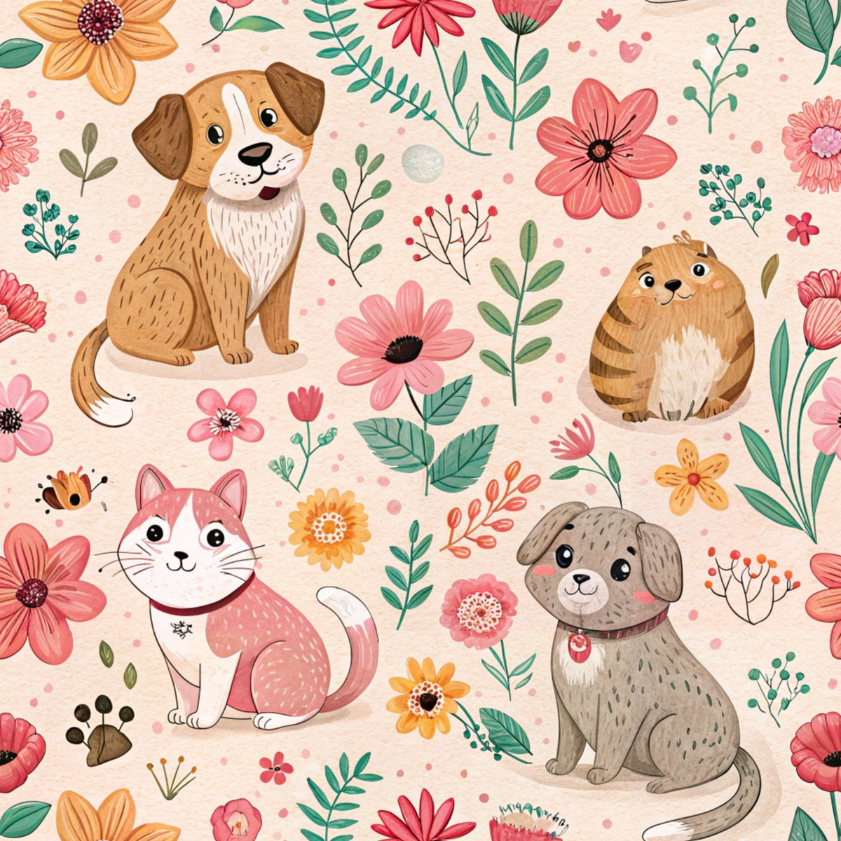 peach background, pink flowers, orange blooms, brown dog, tabby cat, gray puppy, floral pattern, cute animals, pets, botanical elements, green leaves, coral petals, yellow flowers,, fabric panel, whimsical illustration, kawaii style, cheerful mood, spring theme, animal lovers