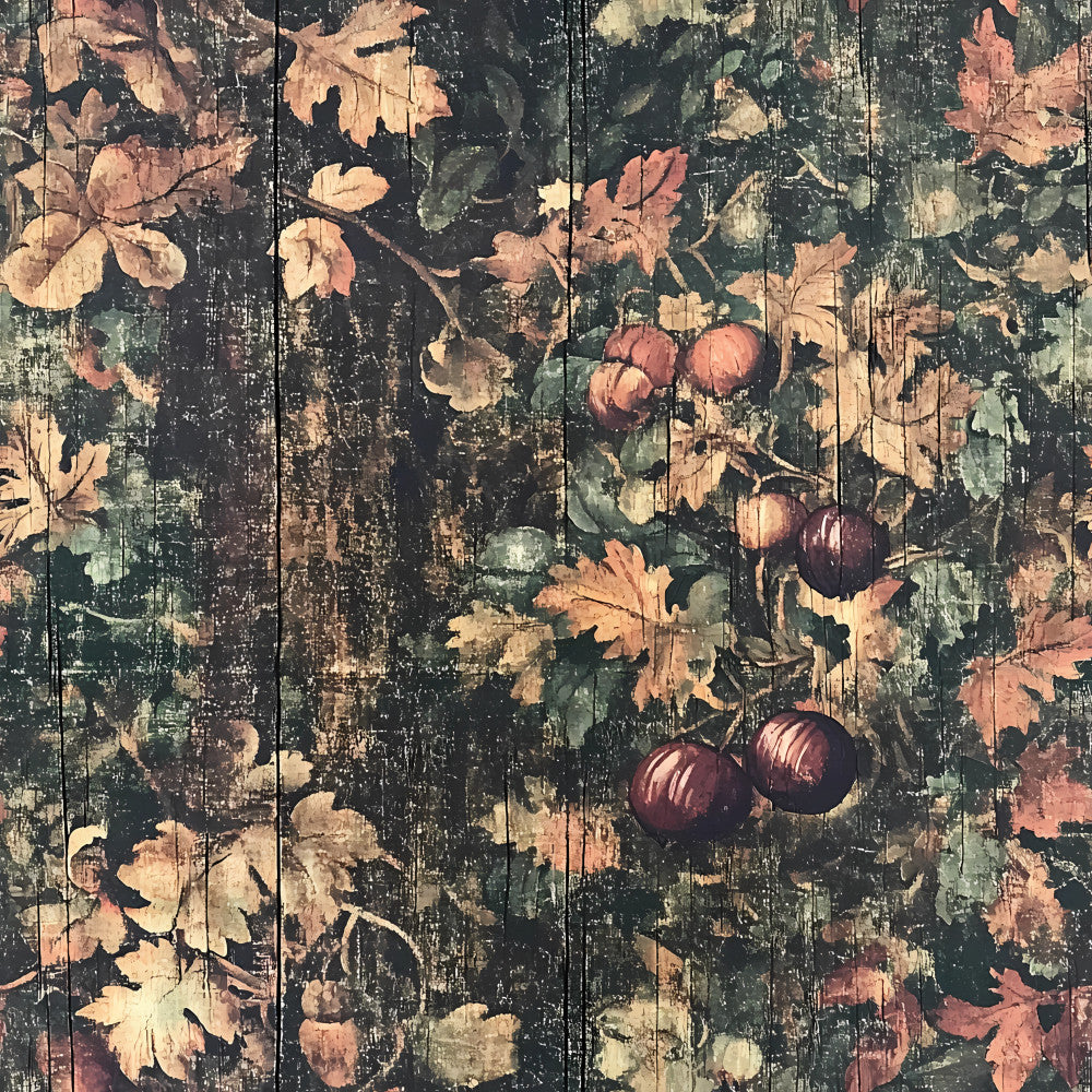forest green, dusty rose, coral pink, cream, charcoal, muted tones, vintage floral, botanical print, fruit motif, apples, leaves, branches, rustic, distressed, aged, farmhouse, traditional, nature-inspired, autumn, fall harvest, garden theme, cottage core, french country, shabby chic, heritage print, heirloom, antique, woodland, orchard