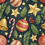 christmas ornaments, gold stars, candy canes, evergreen branches, red berries, navy blue background, gold accents, red and white stripes,, fabric panel, holiday pattern, winter theme, festive design, watercolor style, christmas bells, seamless repeat, decorative baubles, white dots, botanical elements, seasonal motifs