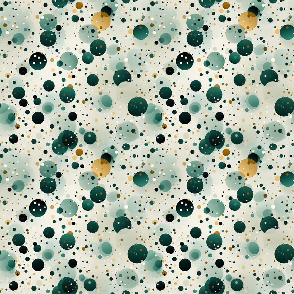 green, teal, sage green, forest green, gold, cream, white, black, confetti pattern, polka dots, circles, scattered dots, geometric design, abstract pattern, modern style, playful mood,, fabric panel, contemporary design, festive pattern, celebration theme