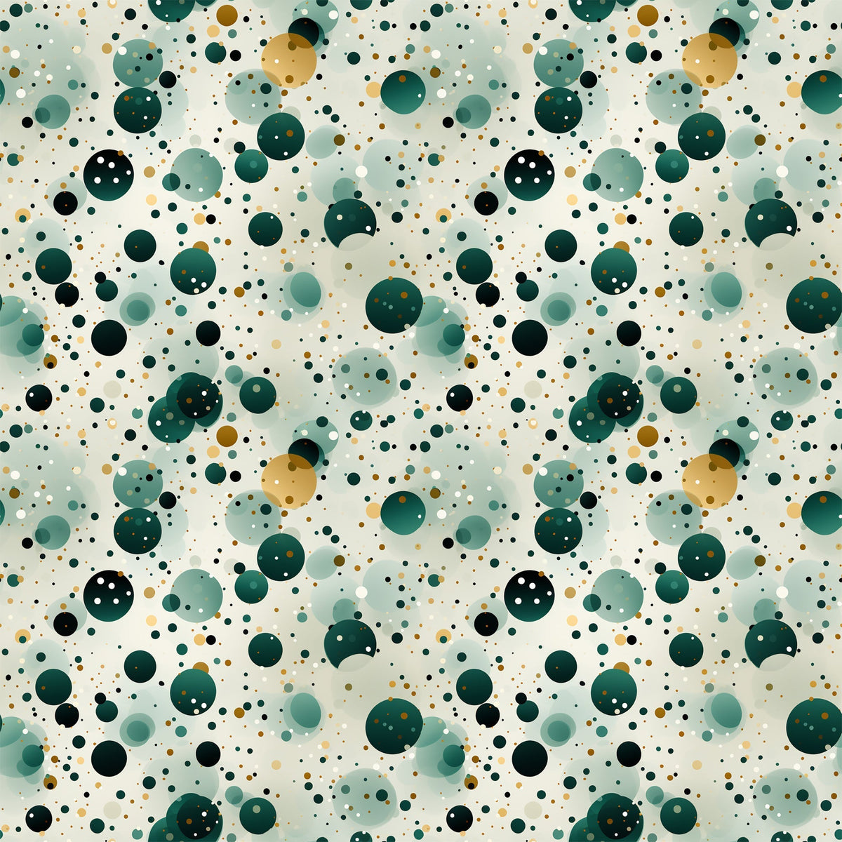 green, teal, sage green, forest green, gold, cream, white, black, confetti pattern, polka dots, circles, scattered dots, geometric design, abstract pattern, modern style, playful mood,, fabric panel, contemporary design, festive pattern, celebration theme