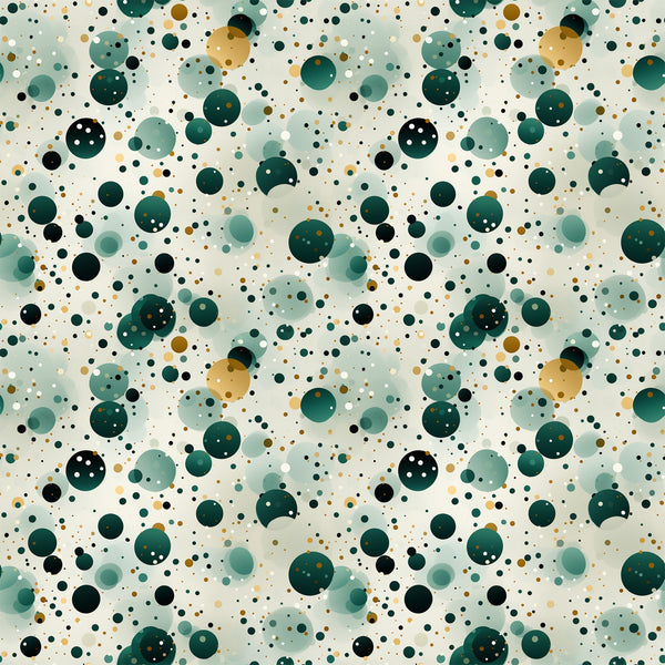 green, teal, sage green, forest green, gold, cream, white, black, confetti pattern, polka dots, circles, scattered dots, geometric design, abstract pattern, modern style, playful mood,, fabric panel, contemporary design, festive pattern, celebration theme