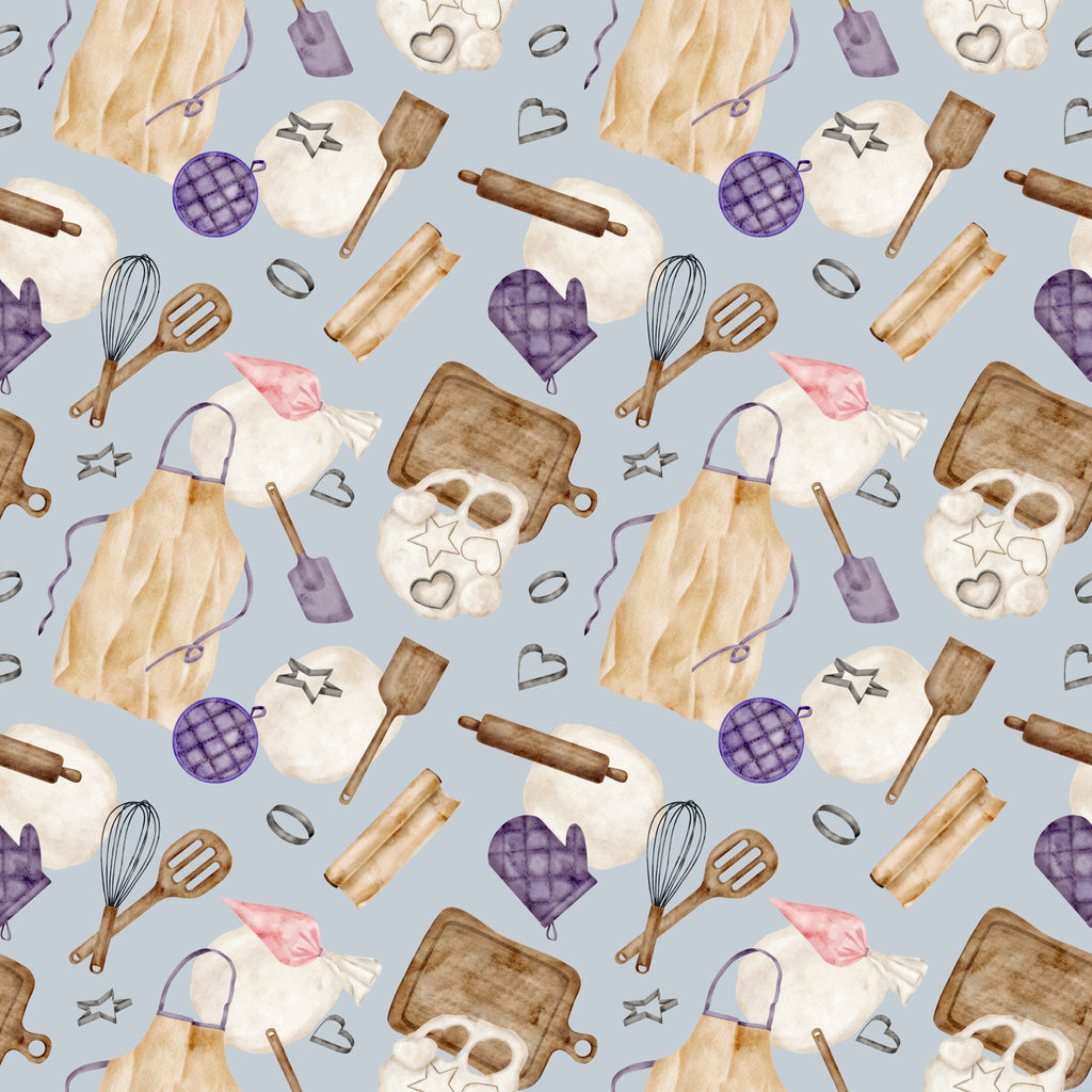 watercolor, baking pattern,, fabric panel, kitchen utensils, rolling pins, whisks, oven mitts, cookie cutters, aprons, baking sheets, purple accents, lavender, cream, brown, beige, pink, gray background, cooking theme, culinary motifs, repeating pattern, craft fabric, sewing material