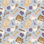 watercolor, baking pattern,, fabric panel, kitchen utensils, rolling pins, whisks, oven mitts, cookie cutters, aprons, baking sheets, purple accents, lavender, cream, brown, beige, pink, gray background, cooking theme, culinary motifs, repeating pattern, craft fabric, sewing material