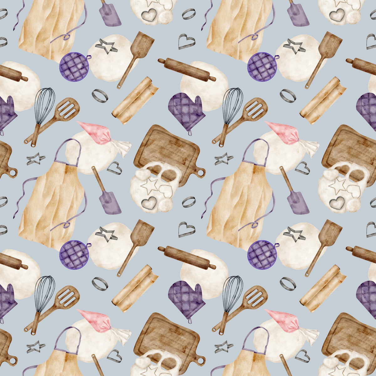 watercolor, baking pattern,, fabric panel, kitchen utensils, rolling pins, whisks, oven mitts, cookie cutters, aprons, baking sheets, purple accents, lavender, cream, brown, beige, pink, gray background, cooking theme, culinary motifs, repeating pattern, craft fabric, sewing material