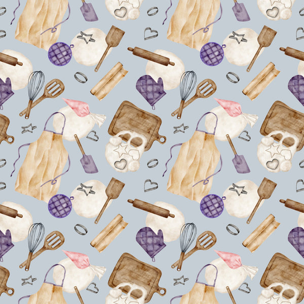 watercolor, baking pattern,, fabric panel, kitchen utensils, rolling pins, whisks, oven mitts, cookie cutters, aprons, baking sheets, purple accents, lavender, cream, brown, beige, pink, gray background, cooking theme, culinary motifs, repeating pattern, craft fabric, sewing material