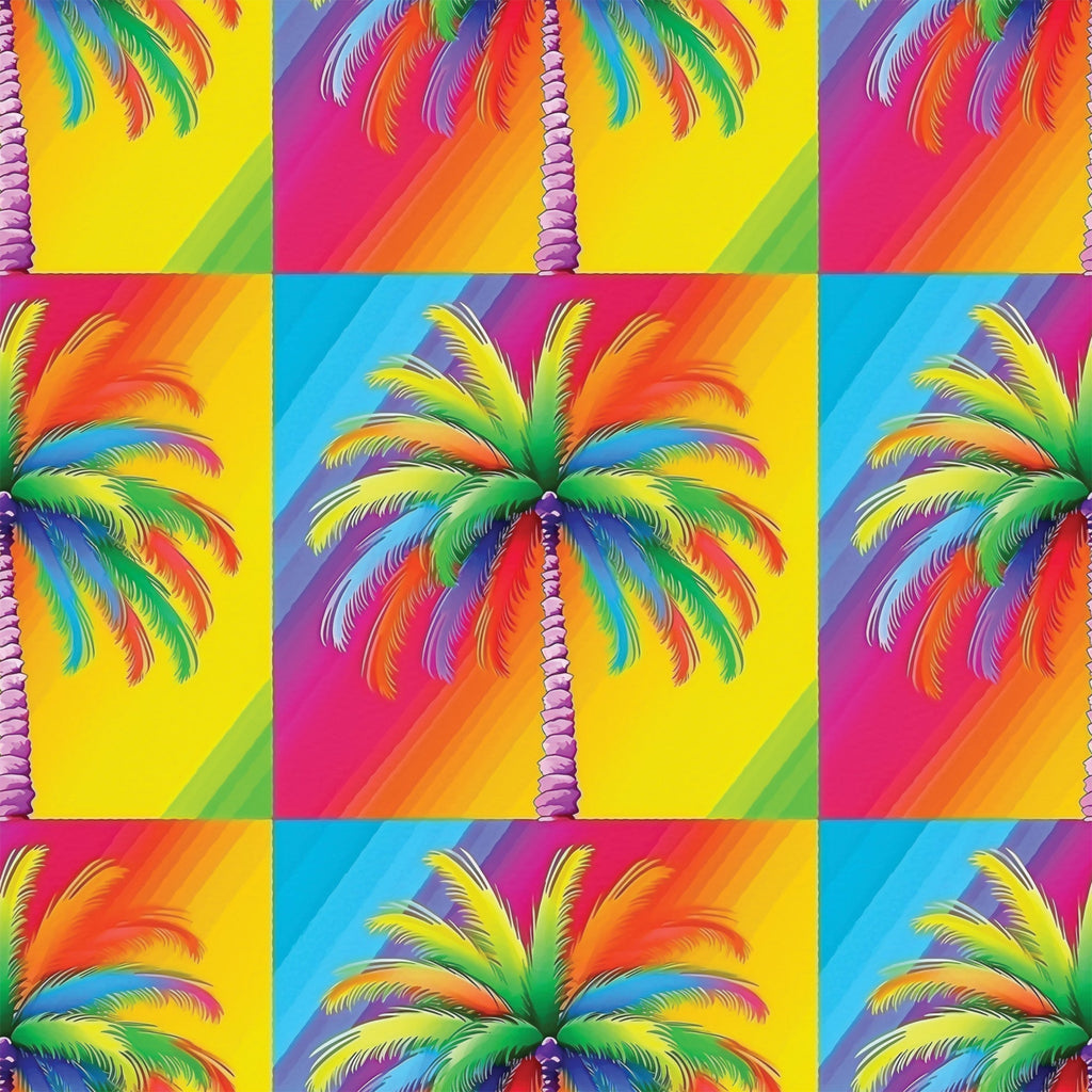 vibrant colors, rainbow palm trees, tropical pattern, neon bright, electric colors, pop art style, psychedelic design, gradient backgrounds,, fabric panel, summer tropical, retro vibes, colorful fronds, geometric blocks, repetitive motif, fluorescent hues, paradise theme, contemporary art, crafting material