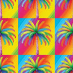 vibrant colors, rainbow palm trees, tropical pattern, neon bright, electric colors, pop art style, psychedelic design, gradient backgrounds,, fabric panel, summer tropical, retro vibes, colorful fronds, geometric blocks, repetitive motif, fluorescent hues, paradise theme, contemporary art, crafting material