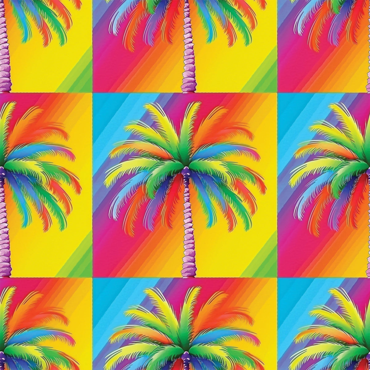 vibrant colors, rainbow palm trees, tropical pattern, neon bright, electric colors, pop art style, psychedelic design, gradient backgrounds,, fabric panel, summer tropical, retro vibes, colorful fronds, geometric blocks, repetitive motif, fluorescent hues, paradise theme, contemporary art, crafting material