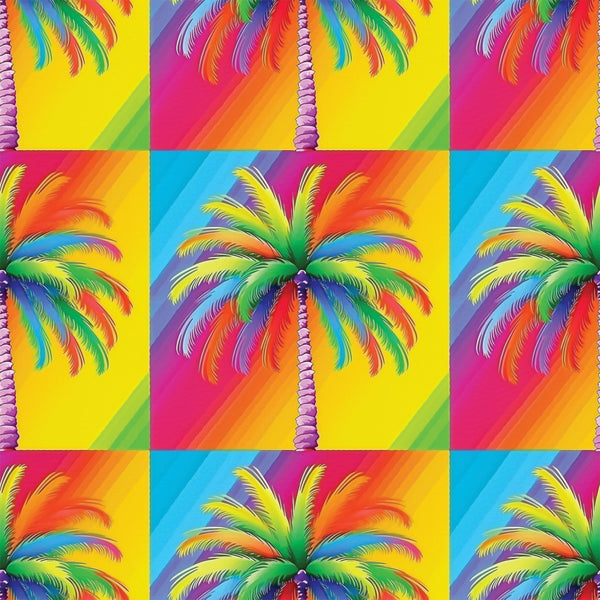 vibrant colors, rainbow palm trees, tropical pattern, neon bright, electric colors, pop art style, psychedelic design, gradient backgrounds,, fabric panel, summer tropical, retro vibes, colorful fronds, geometric blocks, repetitive motif, fluorescent hues, paradise theme, contemporary art, crafting material