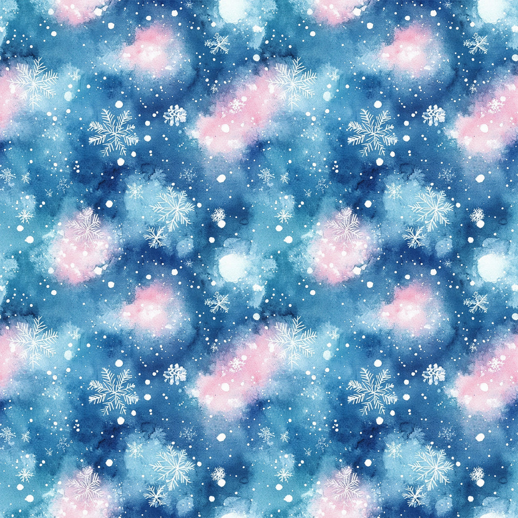 watercolor, blue, pink, white, snowflakes, winter pattern, christmas fabric,, fabric panel, snowy background, celestial colors, holiday design, repeating pattern, winter wonderland, seasonal fabric, crafting material, soft pastels, frozen motifs, textile design, winter theme