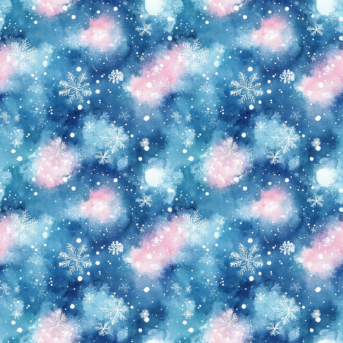 watercolor, blue, pink, white, snowflakes, winter pattern, christmas fabric,, fabric panel, snowy background, celestial colors, holiday design, repeating pattern, winter wonderland, seasonal fabric, crafting material, soft pastels, frozen motifs, textile design, winter theme