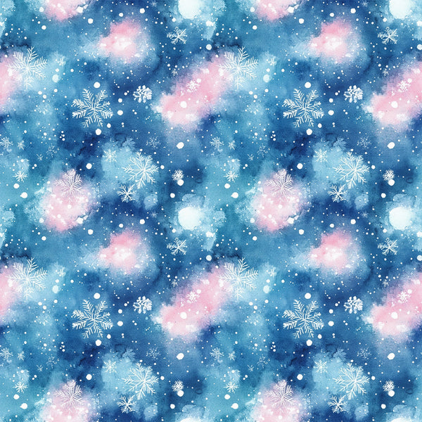 watercolor, blue, pink, white, snowflakes, winter pattern, christmas fabric,, fabric panel, snowy background, celestial colors, holiday design, repeating pattern, winter wonderland, seasonal fabric, crafting material, soft pastels, frozen motifs, textile design, winter theme