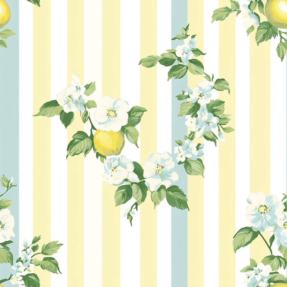 lemon yellow, sage green, white, pale blue, floral pattern, striped background, botanical design, fruit motif, apple blossoms, shabby chic, vintage style,, fabric panel, spring flowers, garden theme, soft pastels, romantic florals, cottage core, delicate blooms