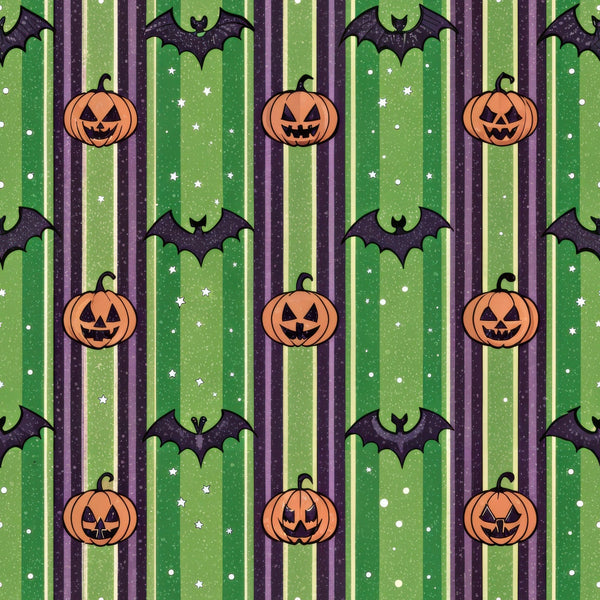 halloween fabric,, fabric panel, jack-o-lantern, pumpkins, bats, orange pumpkins, green stripes, purple stripes, black bats, white stars, striped pattern, halloween motifs, spooky theme, autumn colors, carved pumpkins, flying bats, festive pattern, seasonal fabric, craft fabric