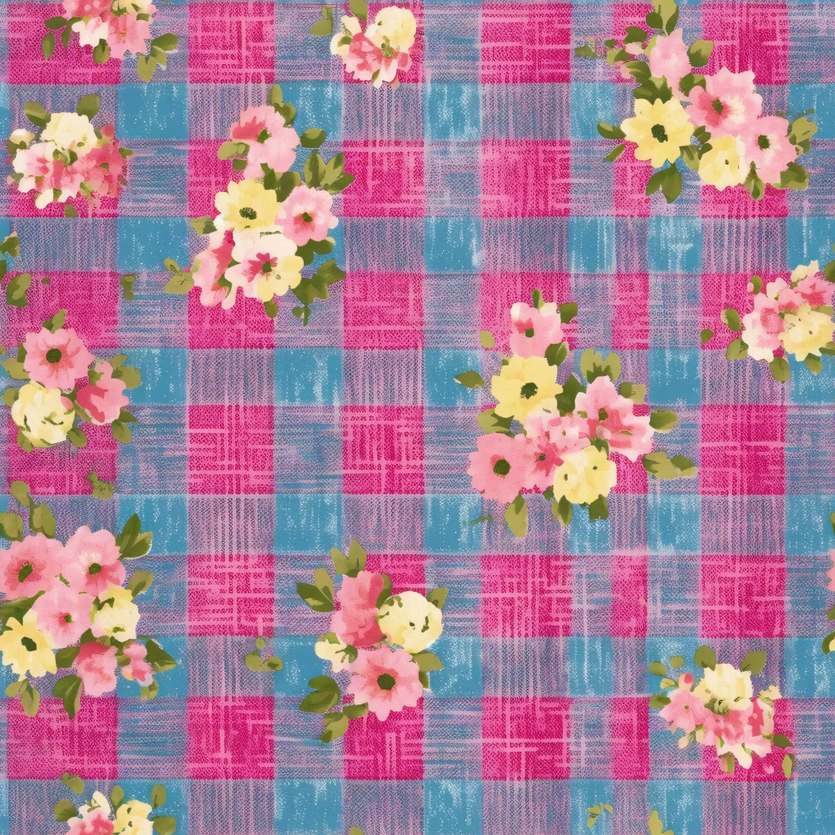 pink, blue, magenta, yellow, plaid pattern, checkered, floral motifs, flowers, roses, botanical, country style,, fabric panel, feminine, vintage style, cottage core, gingham, blooms, pastoral, rustic charm