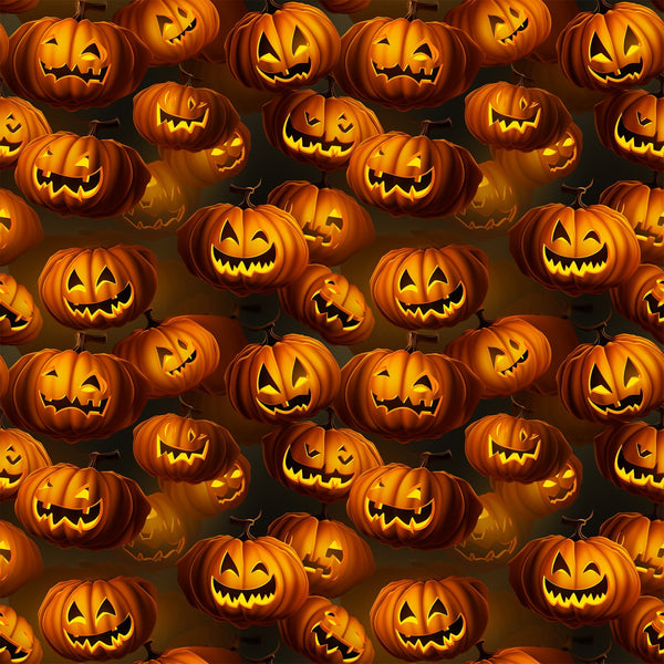 orange, black, jack-o'-lanterns, pumpkins, carved faces, spooky grins, halloween pattern, seamless repeat, glowing eyes, autumn colors,, fabric panel, scary expressions, festive design, seasonal motif, horror theme, carved pumpkins, illuminated faces, dark background, halloween decor