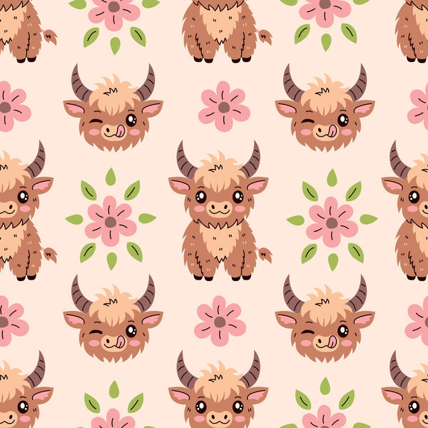 baby highland cows, kawaii style, cute animals, brown fur, pink flowers, green leaves, peach background, pastel colors, horned cattle, smiling faces, floral elements, repeating pattern, nursery theme, adorable characters,, fabric panel, soft palette, farm animals, whimsical design, children's fabric