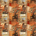 orange, rust, cream, beige, red, striped patterns, floral motifs, flowering tree, tabby cats, vintage postcards, window scenes, cottage interior, bonsai tree,, fabric panel, cottagecore aesthetic, cozy atmosphere, warm tones, domestic scenes, repeating blocks
