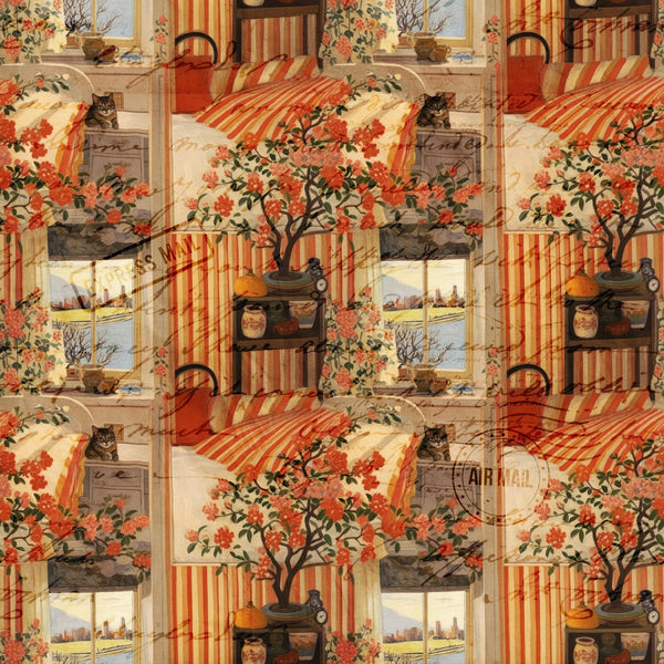 orange, rust, cream, beige, red, striped patterns, floral motifs, flowering tree, tabby cats, vintage postcards, window scenes, cottage interior, bonsai tree,, fabric panel, cottagecore aesthetic, cozy atmosphere, warm tones, domestic scenes, repeating blocks