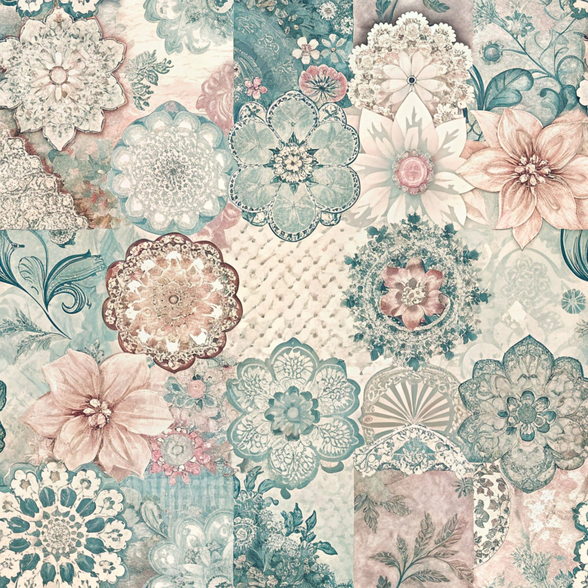 sage green, dusty pink, cream, ivory, teal, floral motifs, mandala patterns, decorative flowers, patchwork squares, vintage blooms, ornate designs, intricate details, botanical elements, layered petals, spring florals,, fabric panel, soft pastels, romantic style, feminine aesthetic