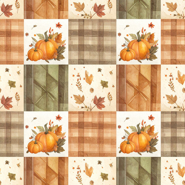 autumn pumpkins, fall harvest, pumpkin patch, cream beige, burnt orange, sage green, rust brown, tan plaid, gingham check, leaf motifs, maple leaves, seasonal, rustic farmhouse, vintage fall, thanksgiving, autumn leaves, harvest theme, nature-inspired, cozy, traditional, warm tones, fall foliage, botanical leaves, autumn florals, thanksgiving decor, kids room, playroom, seasonal decor, fall aesthetic