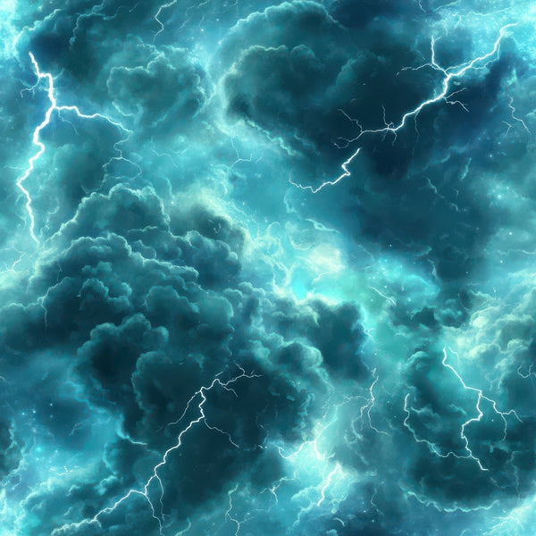turquoise, teal, aqua, electric blue, white, storm clouds, lightning bolts, thunderstorm, dramatic sky, atmospheric, moody,, fabric panel, weather pattern, electric energy, storm system, cloudy texture, nature scene, tempest, meteorological