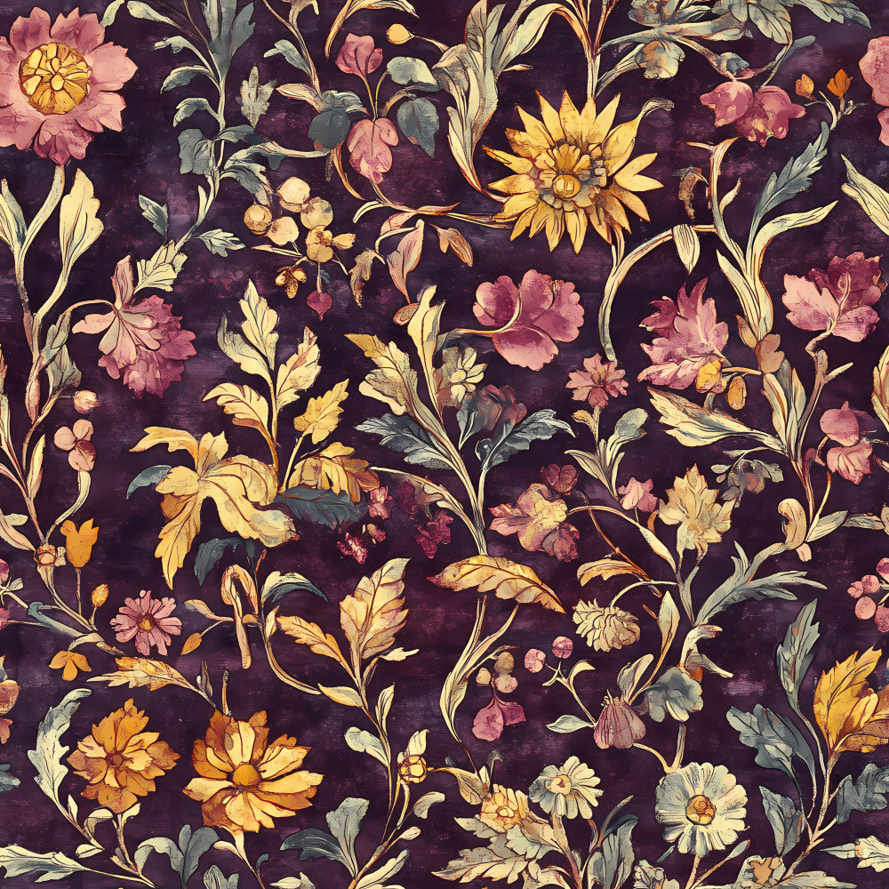 deep purple, dusty rose, golden yellow, cream, sage green, muted gold, burgundy, floral, botanical, vintage, traditional, elegant, romantic, sunflowers, daisies, roses, leaves, vines, nature, garden, spring, summer, autumn, whimsical, timeless, cottage core, classic, ornate, intricate detail, multi-floral