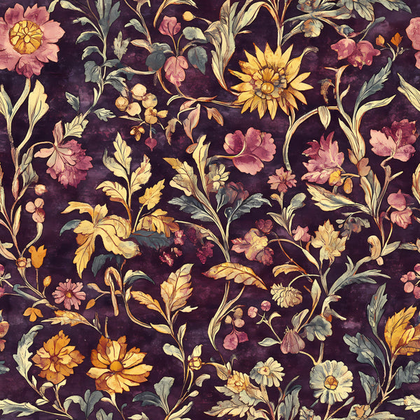 deep purple, dusty rose, golden yellow, cream, sage green, muted gold, burgundy, floral, botanical, vintage, traditional, elegant, romantic, sunflowers, daisies, roses, leaves, vines, nature, garden, spring, summer, autumn, whimsical, timeless, cottage core, classic, ornate, intricate detail, multi-floral