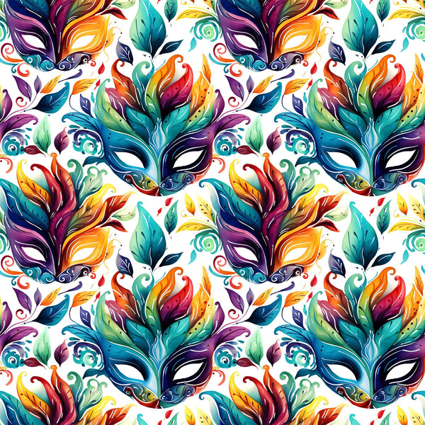 carnival masks, feathers, vibrant colors, purple, teal, orange, yellow, green, red, mardi gras, festive pattern, decorative swirls, ornate design,, fabric panel, masquerade theme, colorful plumage, party motif, celebration design, repeating pattern