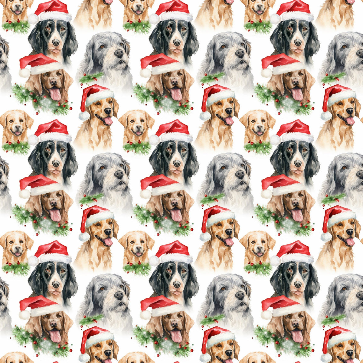 watercolor, christmas dogs, dog breeds, red santa hats, golden retrievers, black dogs, gray dogs, brown dogs, white background, holiday pattern, festive dogs, pine garland, holly berries, repeating pattern,, fabric panel, christmas theme, pet portraits, seasonal design, dog faces