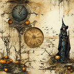 beige, amber, golden, sepia, witch, pumpkins, clock, ravens, bare branches, gothic, vintage, weathered,, fabric panel, halloween, autumn, mystical, distressed, thorny vines, magical