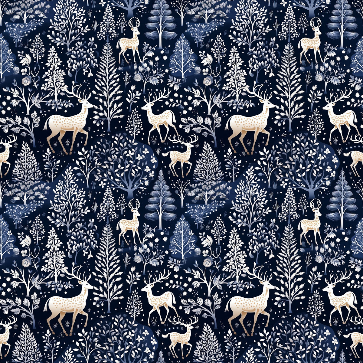 navy blue, delft blue, cream, white, deer, stags, antlers, winter forest, botanical motifs, trees, ferns, snowflakes, folk art, scandinavian style, repeating pattern,, fabric panel, woodland creatures, nature design, winter theme, floral elements