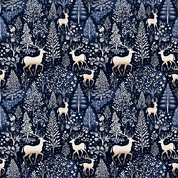 navy blue, delft blue, cream, white, deer, stags, antlers, winter forest, botanical motifs, trees, ferns, snowflakes, folk art, scandinavian style, repeating pattern,, fabric panel, woodland creatures, nature design, winter theme, floral elements