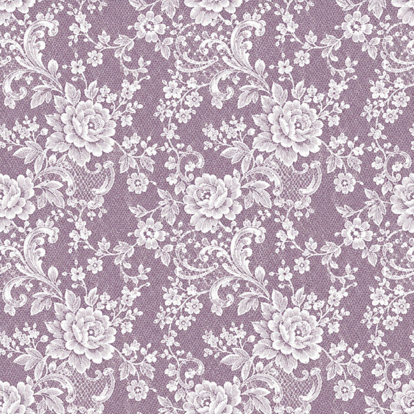 mauve, dusty purple, lavender, white, floral, vintage, elegant, traditional, romantic, roses, scrolls, ornamental, botanical, garden, nature, damask-inspired, lace-like, delicate, feminine, classic, timeless, wedding, bridal, shabby chic, cottage core, nostalgia, scrolling vines, peonies, leaves, intricate details