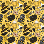 golden yellow, mustard background, wizard hat, owl character, black striped scarf, potion bottles, treasure chest, skeleton key, feather quill, rolled parchment, round glasses, magical wands, lantern, envelope, wizarding school, repeating pattern,, fabric panel, whimsical illustration, fantasy theme