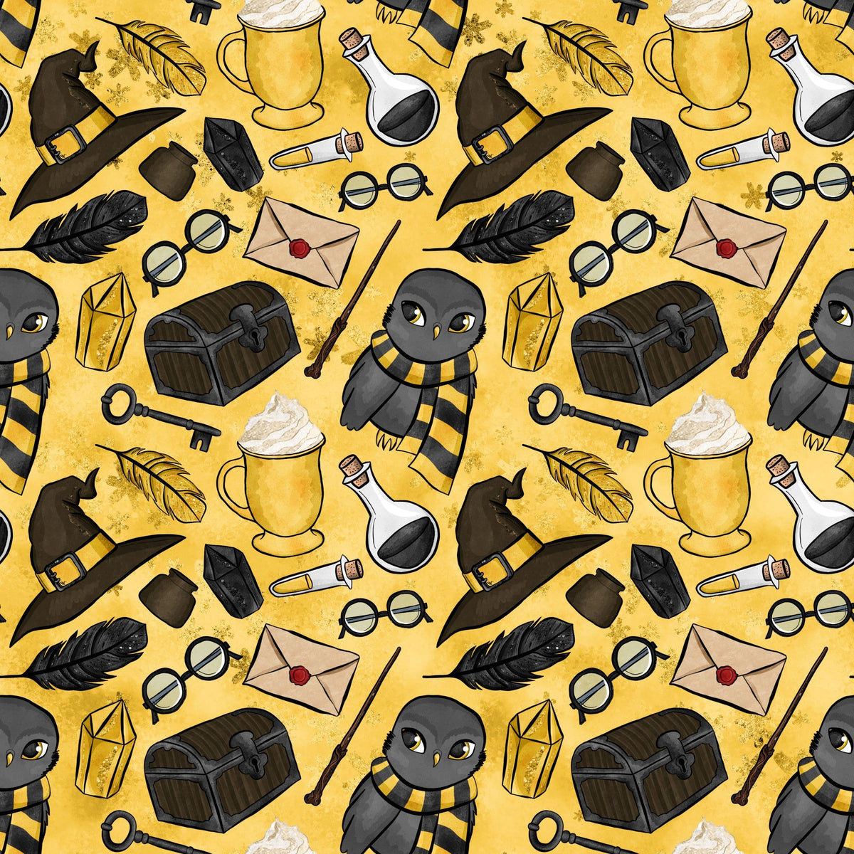 golden yellow, mustard background, wizard hat, owl character, black striped scarf, potion bottles, treasure chest, skeleton key, feather quill, rolled parchment, round glasses, magical wands, lantern, envelope, wizarding school, repeating pattern,, fabric panel, whimsical illustration, fantasy theme